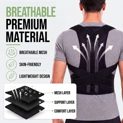 Man from behind in the black brace with airflow arrows and an exploded diagram of its three material layers. 7