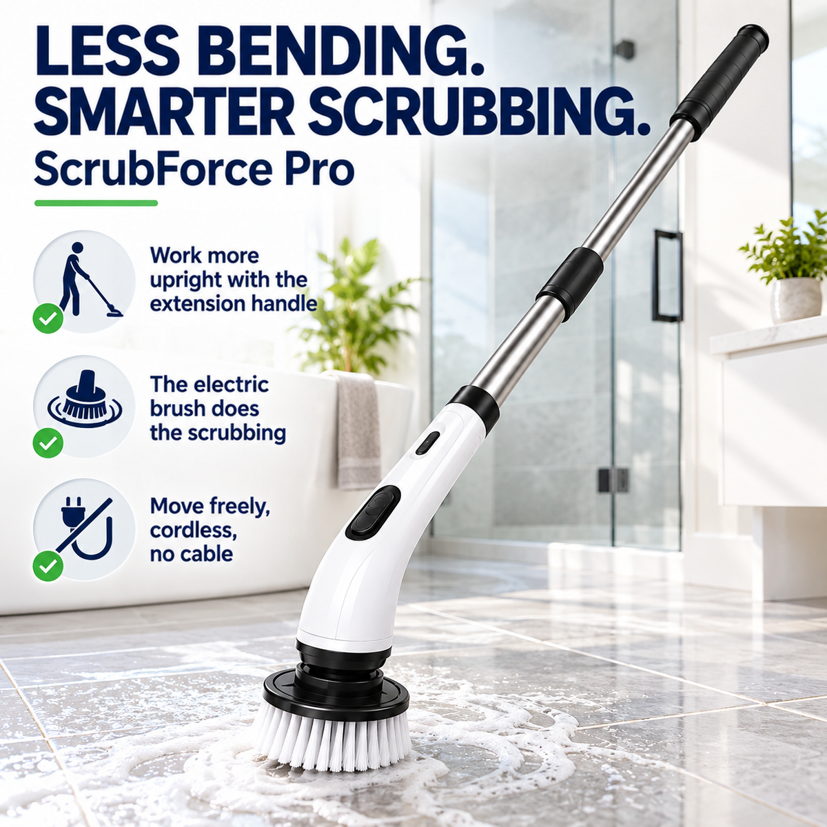 White scrubber on its extended pole foaming up grey bathroom floor tiles beside a glass shower 1