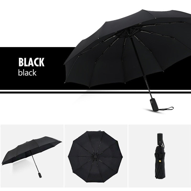 Black umbrella shown open from the side, from underneath and folded, on a black banner 2
