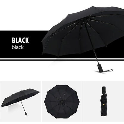 Black umbrella shown open from the side, from underneath and folded, on a black banner 2