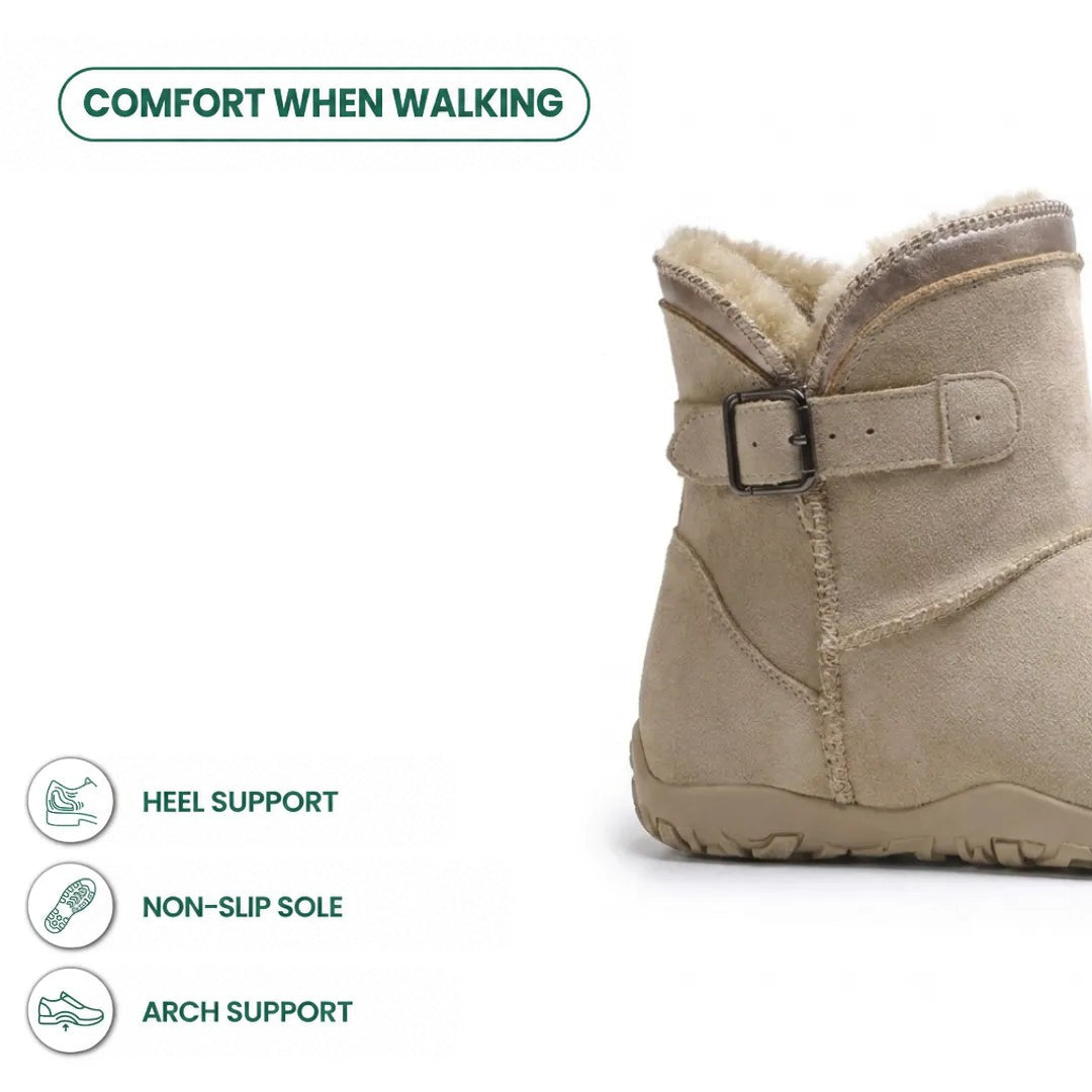 Beige boot cropped to show the buckle and heel, with icons for heel support and grip 4
