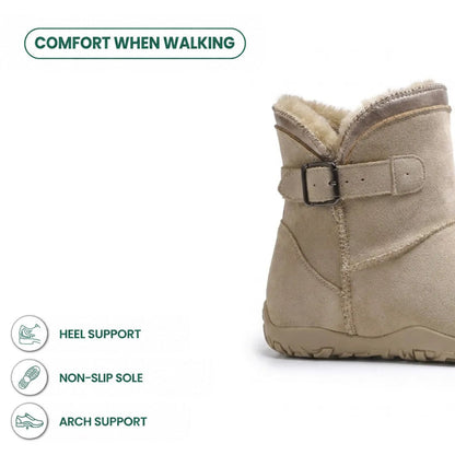 Beige boot cropped to show the buckle and heel, with icons for heel support and grip 4