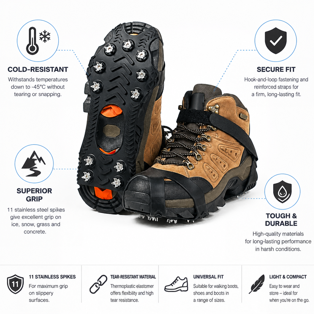 Infographic with boots wearing ice cleats, surrounded by icons and captions listing the product's features 5