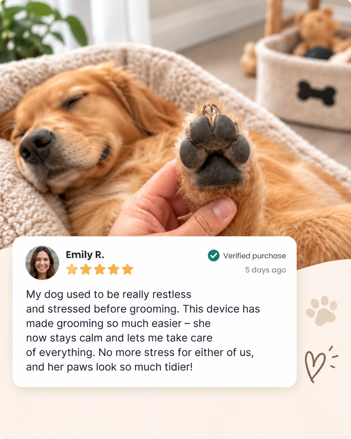 Hand holding up the neat paw of a dozing golden dog, with a customer review below 8
