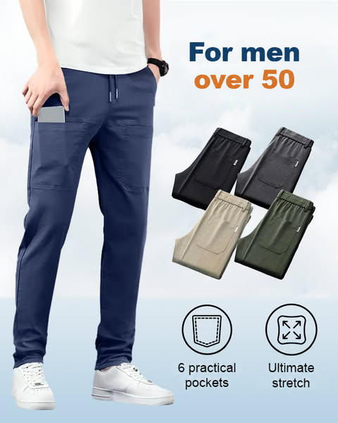 Model in blue trousers with a phone in the pocket, four colour options and pocket and stretch icons 13