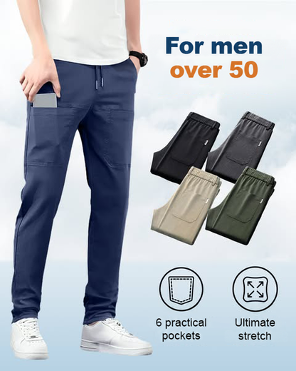Model in blue trousers with a phone in the pocket, four colour options and pocket and stretch icons 13