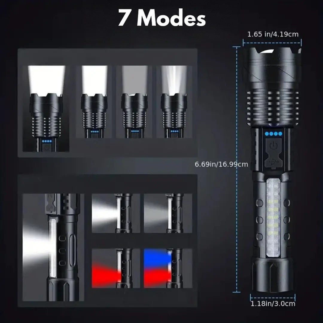 Diagram of the torch's lighting modes, including red and blue flashing, beside its overall length and width 2