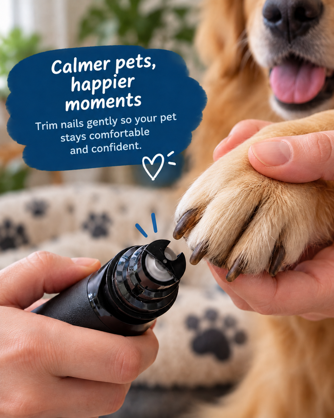 Close-up of the grinder head held beside a golden retriever's paw, with an overlay caption 2