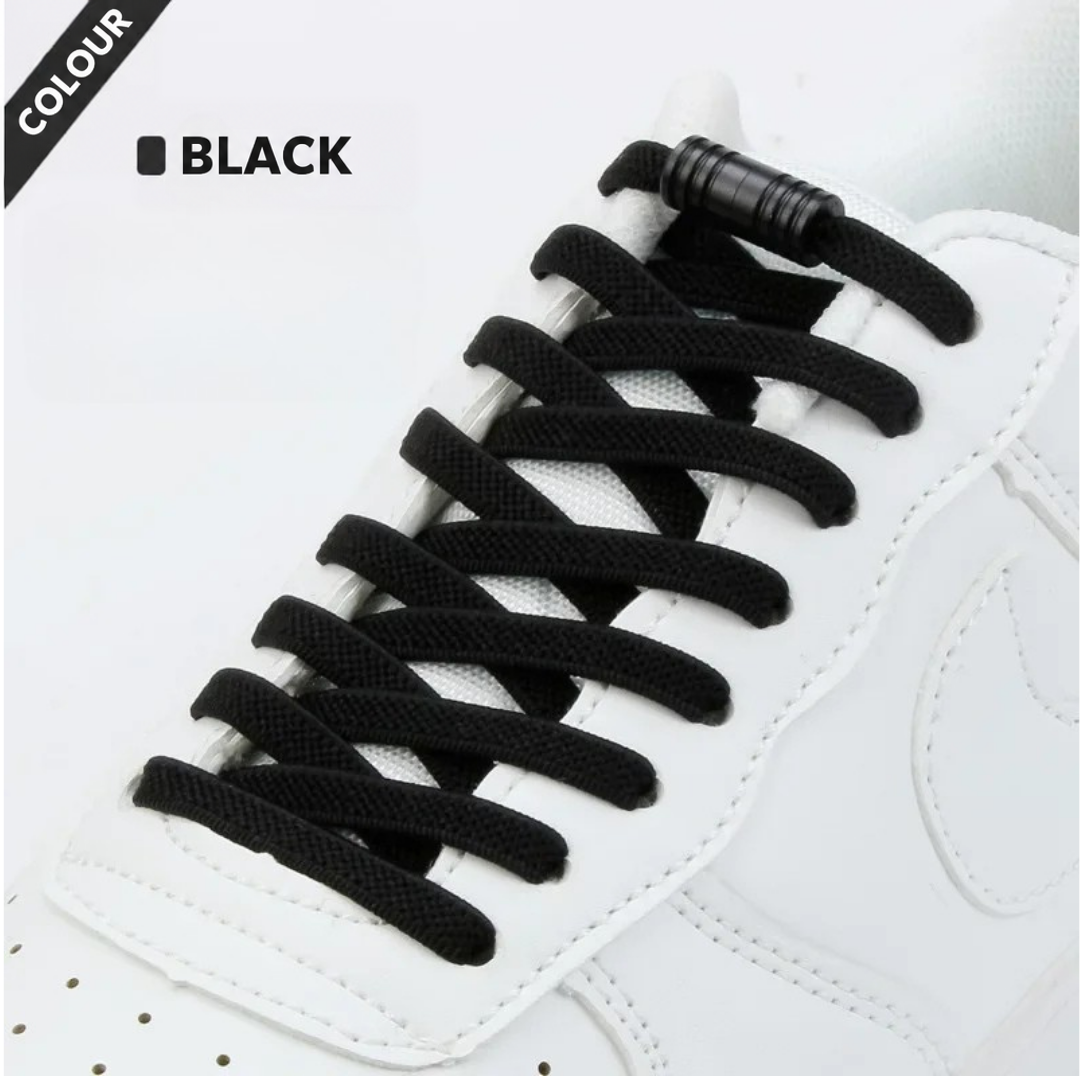 Black flat elastic laces on a white trainer, fastened with a black metal capsule lock 4