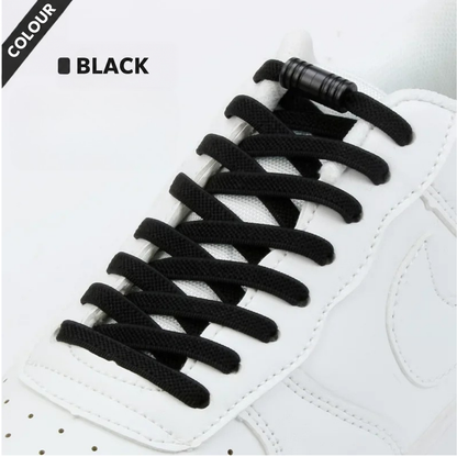 Black flat elastic laces on a white trainer, fastened with a black metal capsule lock 4