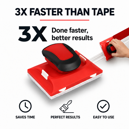 Edger shown at an angle with its felt pad, and a hand running it along cornice moulding 6