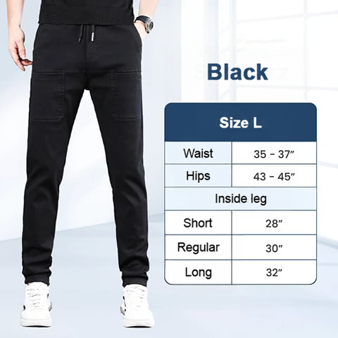 Model in black trousers with a size L chart showing waist, hip and inside leg in inches 6
