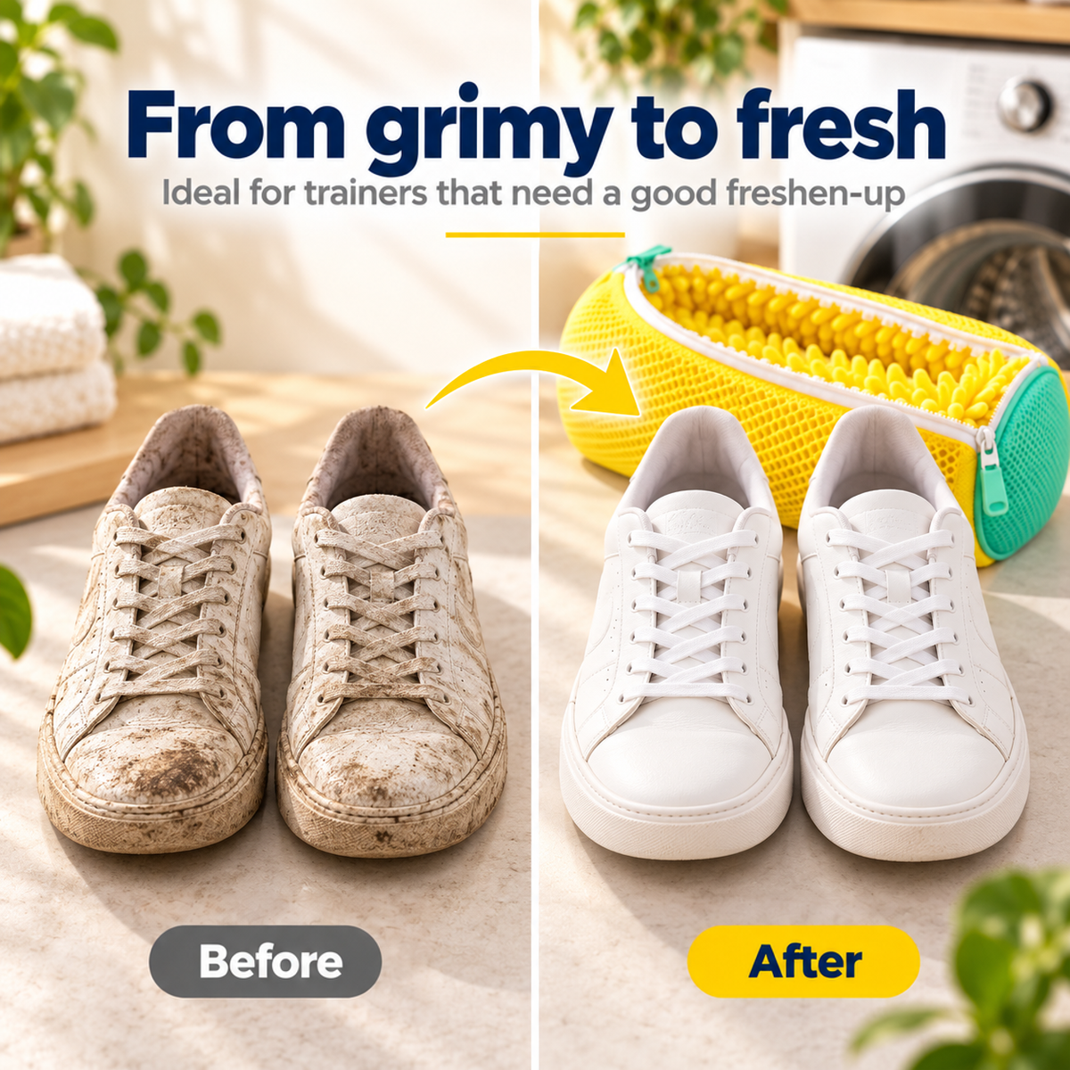 Before and after comparison: muddy trainers on the left, clean white trainers beside the yellow shoe bag on the right 5