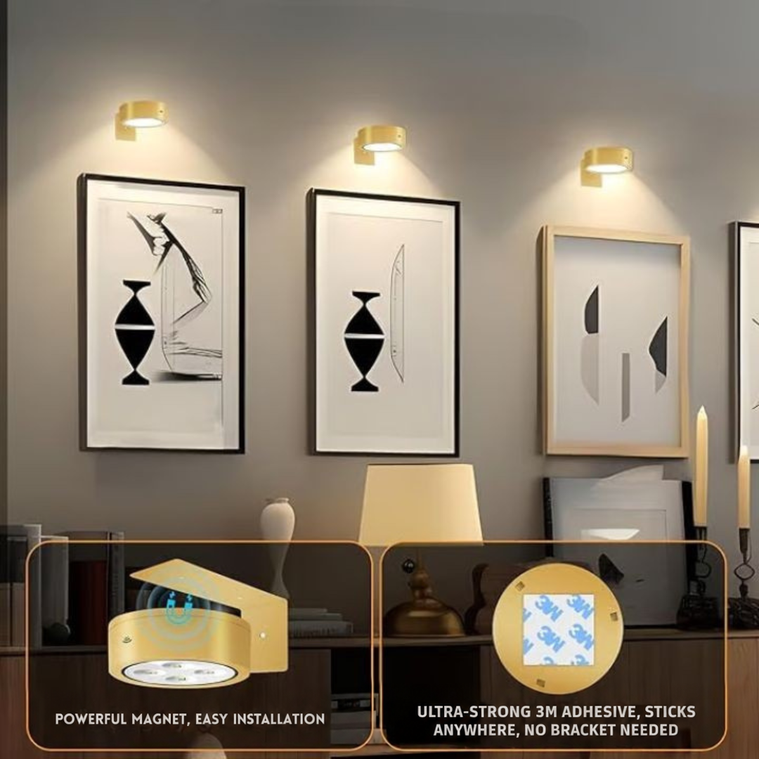 Three brass lights above framed monochrome prints, with insets of the magnetic mount and the adhesive pad underneath 6