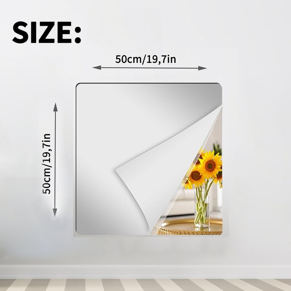 Square mirror sheet on a wall with a peeled corner showing sunflowers in a vase, with dimension arrows 11