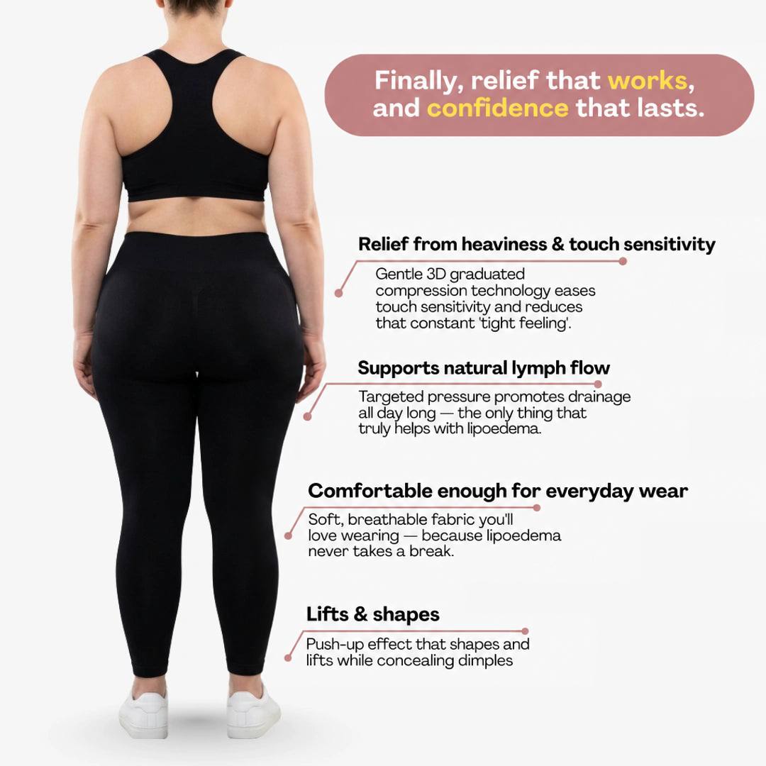 Back view of a plus-size model in black leggings and sports bra with callouts listing the leggings' comfort and compression benefits. 11