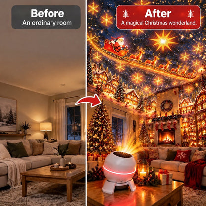 Before-and-after split showing a plain living room beside the same room covered in festive projected scenes 2