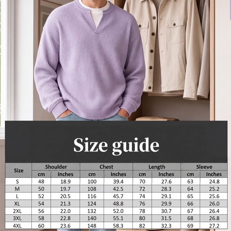 Man in the lilac waffle top beside a wardrobe, with a size chart table of shoulder, chest, length and sleeve measurements below. 8