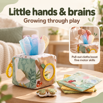 Soft cube with pastel scarves on a coffee table, with a baby's hands pulling one scarf in an inset 2