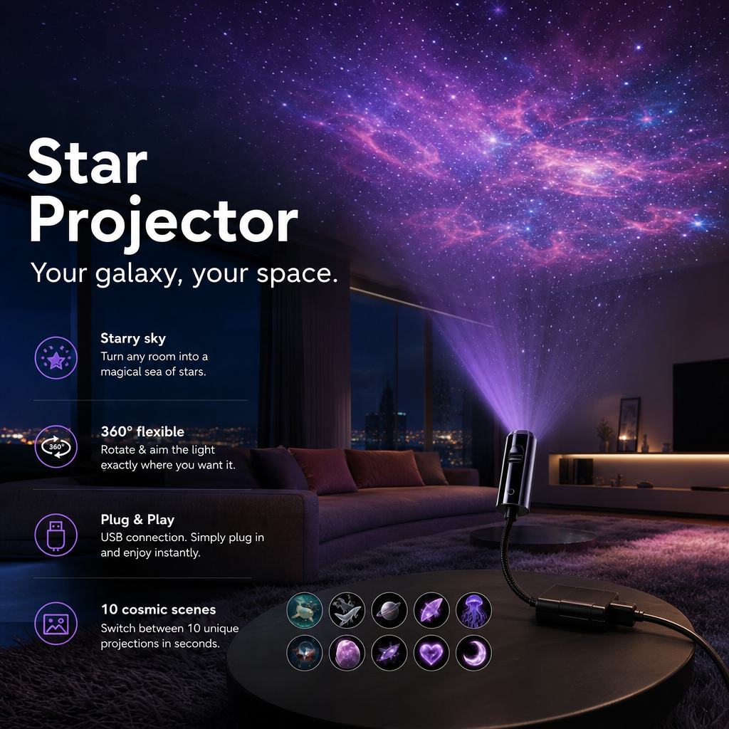 Projector on a round table filling a dark lounge with purple nebula light, with ten scene icons 5