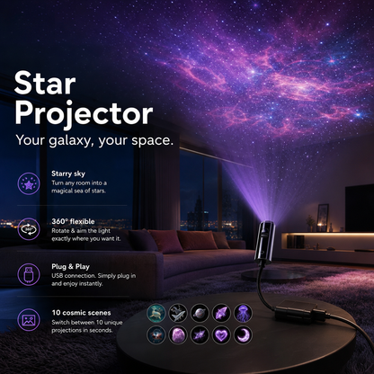 Projector on a round table filling a dark lounge with purple nebula light, with ten scene icons 5