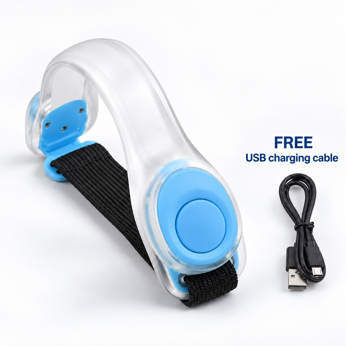 Translucent armband with blue buttons and black elastic strap, shown beside its black USB charging cable 10