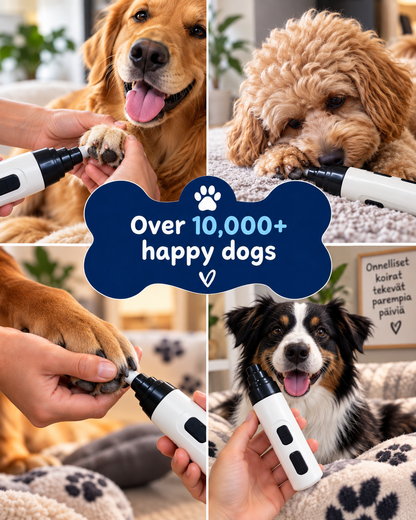 Four-photo collage of different dogs having their nails ground, with a bone-shaped banner in the middle 10