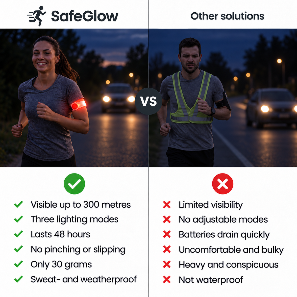 Side-by-side comparison of a runner wearing the glowing armband against a runner in a reflective vest 6