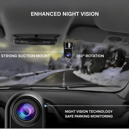 Dash cam mounted behind a windscreen on a snowy road, with callouts for suction mount and rotation 3