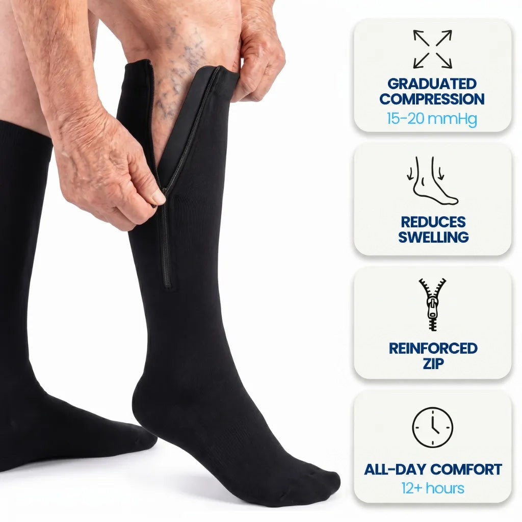 Older person unzipping a black knee-high stocking on one leg, with four benefit panels beside it 1