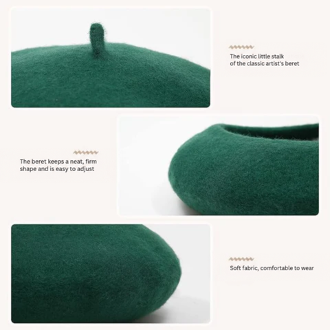 Three close-ups of a green beret showing the stalk, the firm rounded shape and the soft fabric 11