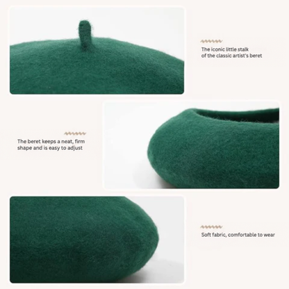 Three close-ups of a green beret showing the stalk, the firm rounded shape and the soft fabric 11