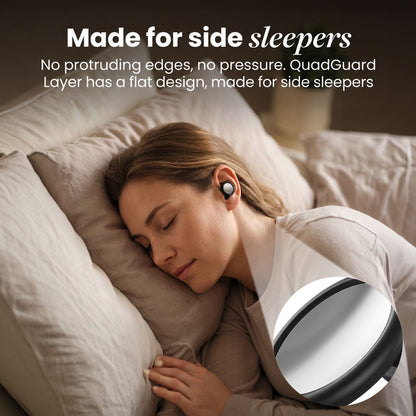Woman sleeping on her side wearing a black earplug with a flat silver face, with a close-up circle of the flat outer layer. 7