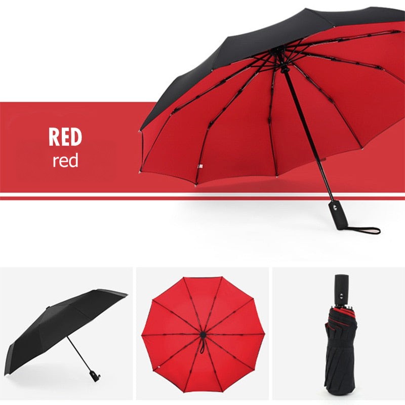 Umbrella with black outer canopy and bright red underside, shown open, from below and folded 5