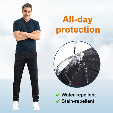 Man in black trousers beside a close-up of water beading and running off the dark fabric 14