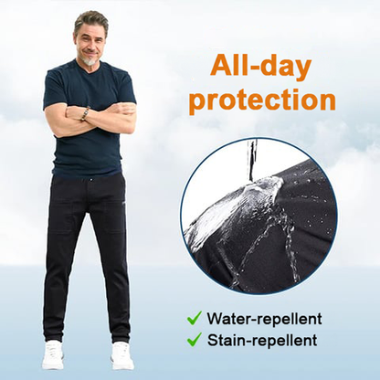 Man in black trousers beside a close-up of water beading and running off the dark fabric 14