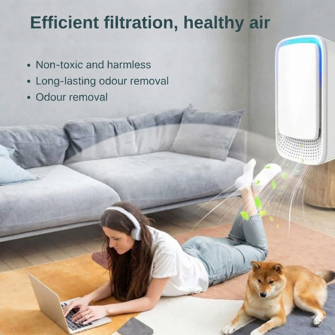Illustrated lifestyle scene: wall-mounted ioniser sending fresh air towards a woman on a laptop and a Shiba Inu 7