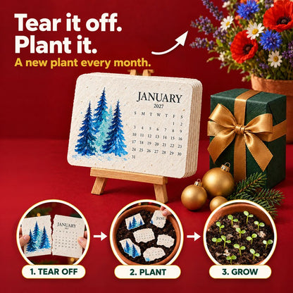 January card on a mini easel with a three-step guide: tear, plant in a pot, watch seedlings grow 1