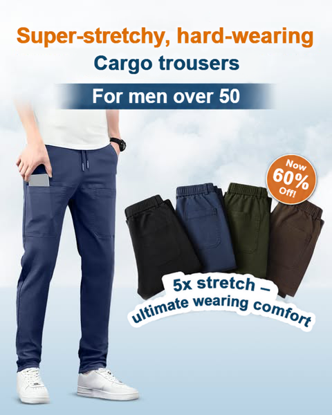 Promotional graphic of a model in blue trousers beside four folded colour options, with a discount badge 2