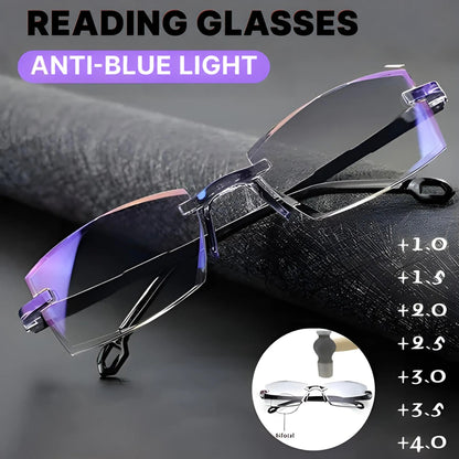 Rimless reading glasses resting on dark textured fabric, with a small inset showing the bifocal lens zone and a list of strengths. 2