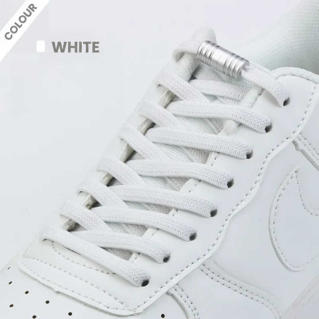 White flat elastic laces on a white trainer, fastened with a silver metal capsule lock 5