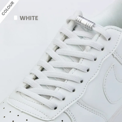 White flat elastic laces on a white trainer, fastened with a silver metal capsule lock 5