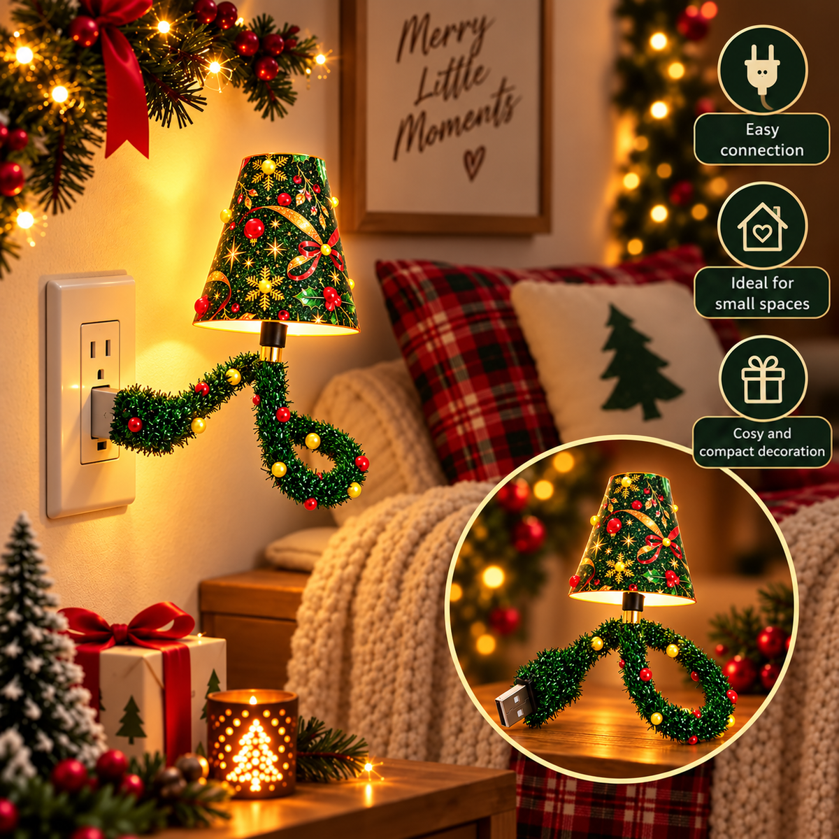 Lamp plugged into a wall socket beside a cosy sofa and presents, with an inset showing it standing on a table. 5