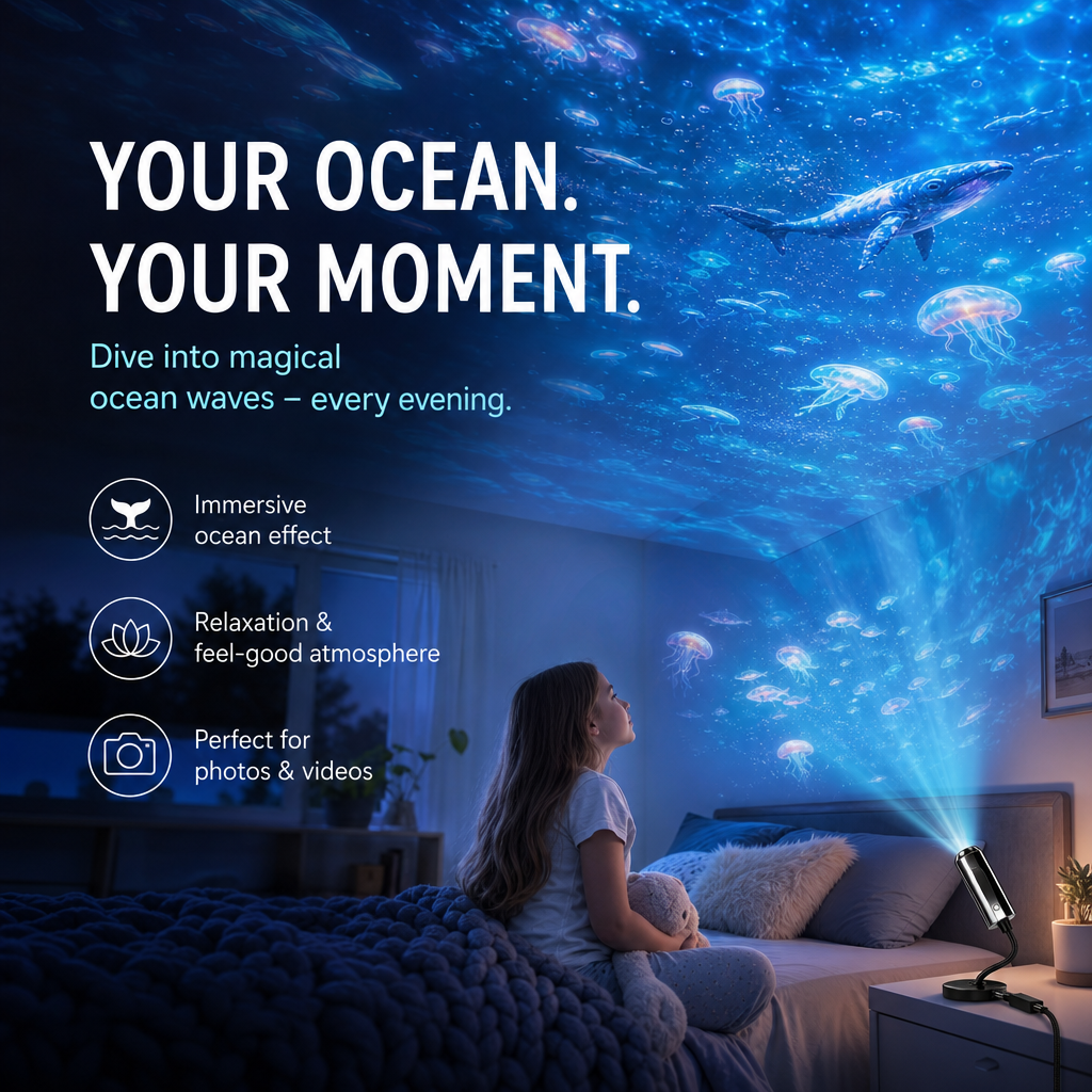 Projector on a bedside table casting jellyfish and a whale across a girl's bedroom ceiling 3