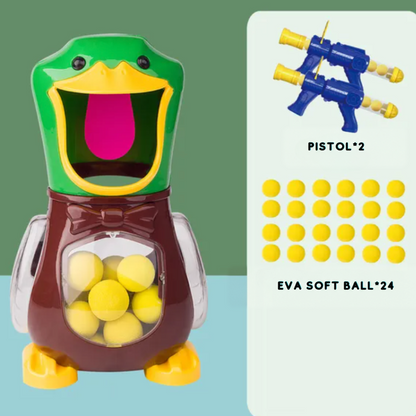 Duck target with bow tie beside a set containing two shooters and twenty-four foam balls 8