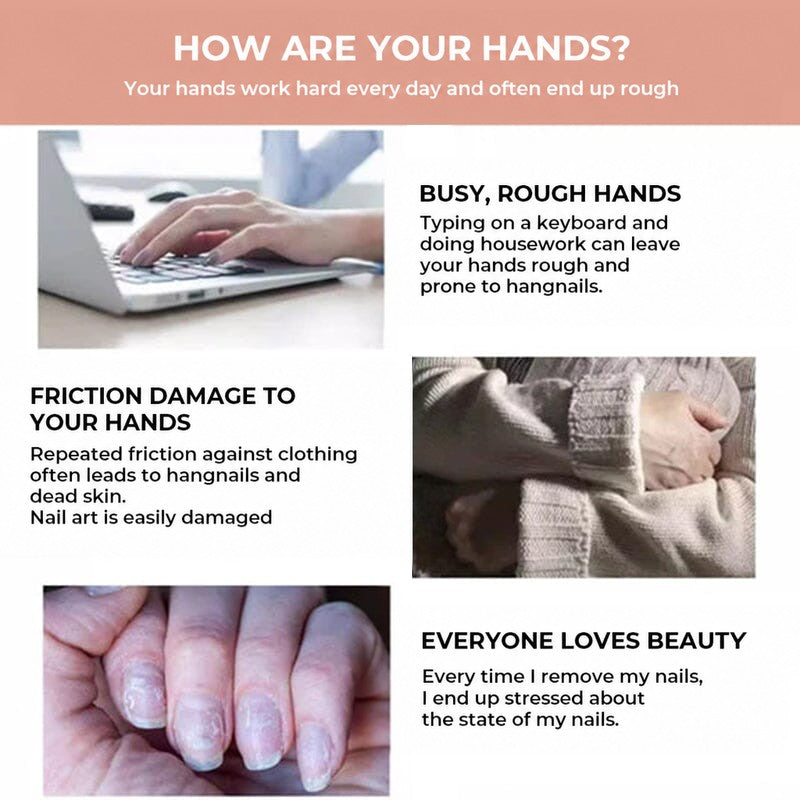 Collage of hands typing, rubbing against a knitted jumper and showing damaged nails, with German captions 6