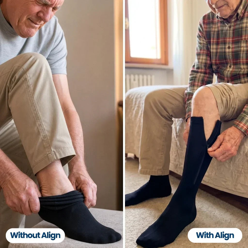 Split image: a man struggling with an ordinary sock, then easily zipping on a black stocking 3