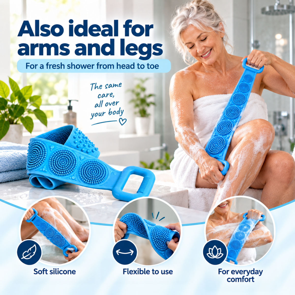Woman in a towel using the blue strap on her leg and arm 6