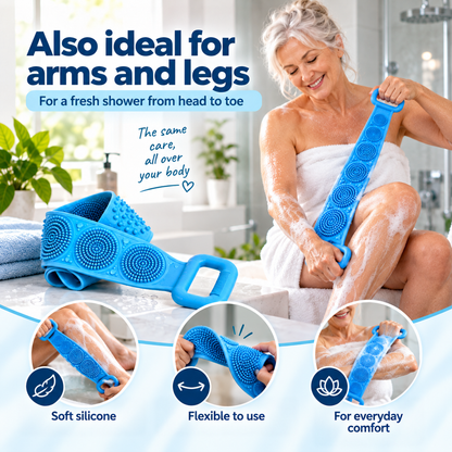 Woman in a towel using the blue strap on her leg and arm 6