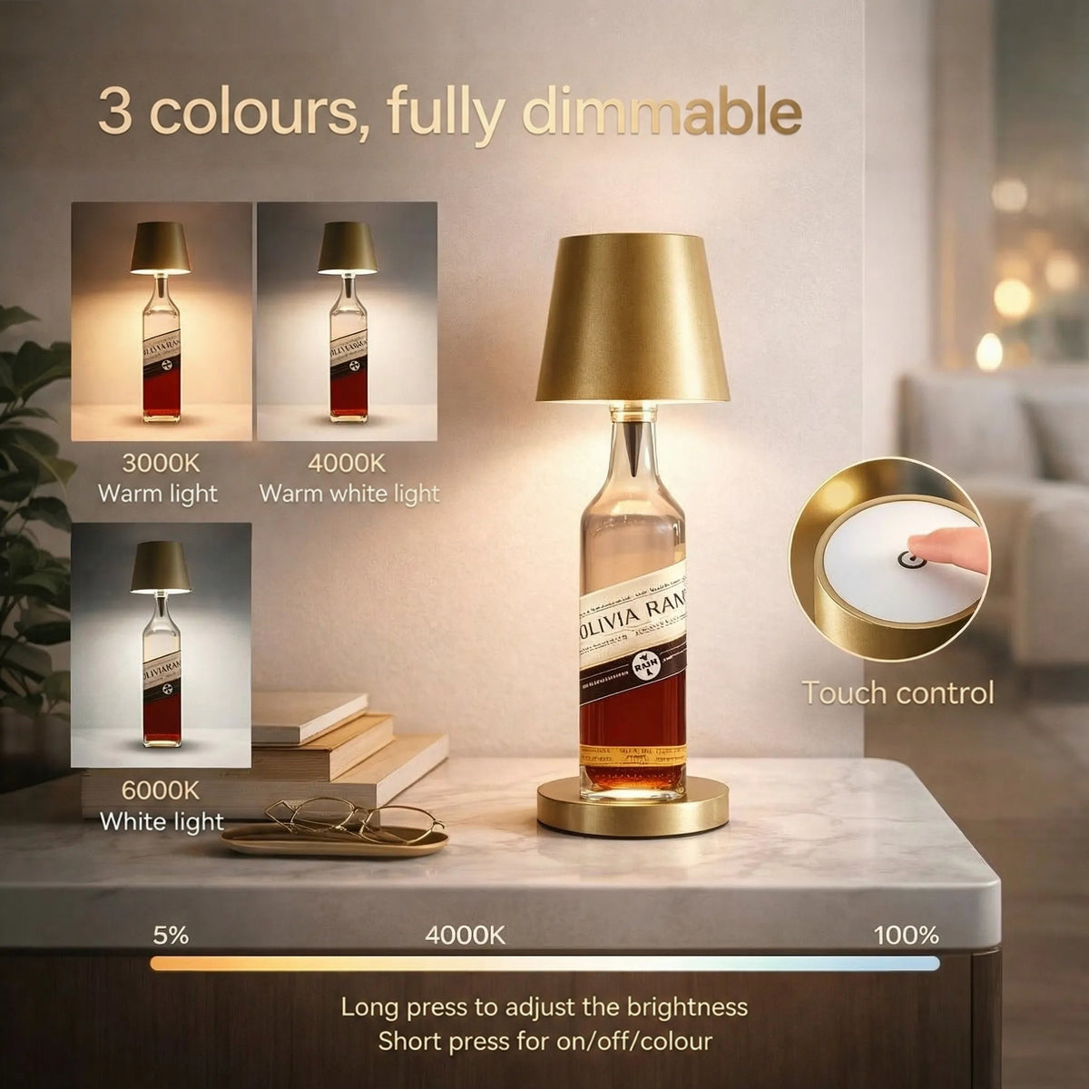 Gold-shaded lamp on a bottle beside three light temperature examples and a close-up of the touch control 2